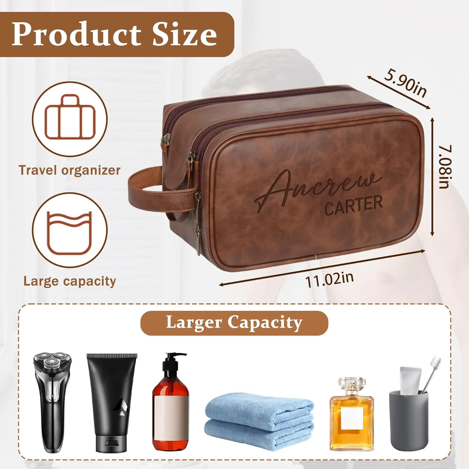 Personalized Leather Toiletry Bag For Men, Custom Mens Toiletry Travel Bag With Name, Men Dopp Kit Gifts For Boyfriend Dad Husband Birthday Anniversary Christmas, Wedding Groomsmen Gifts